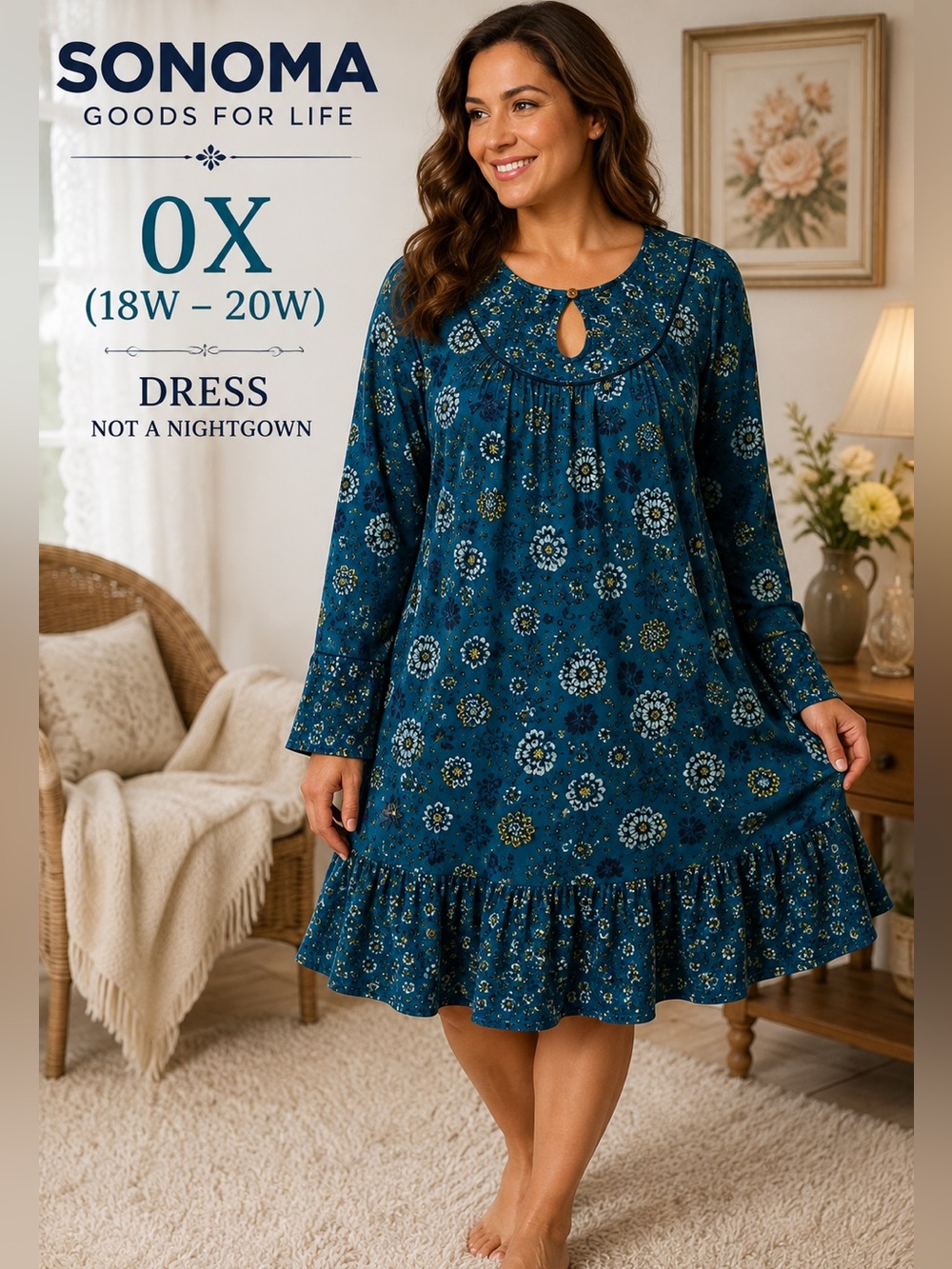 Sonoma Blue Floral Peasant Dress 0X 12W/14W Boho Rayon